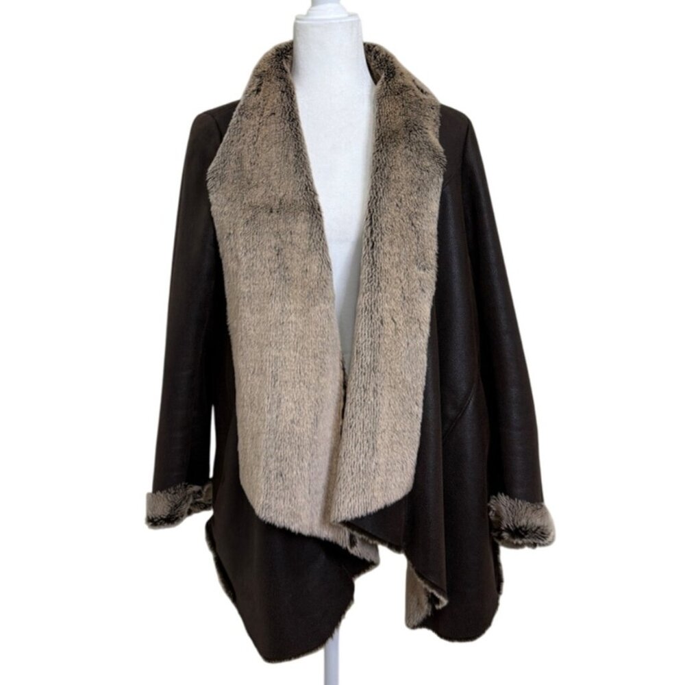 Bagatelle Womens Open Jacket Faux Leather and Fur Brown Size M